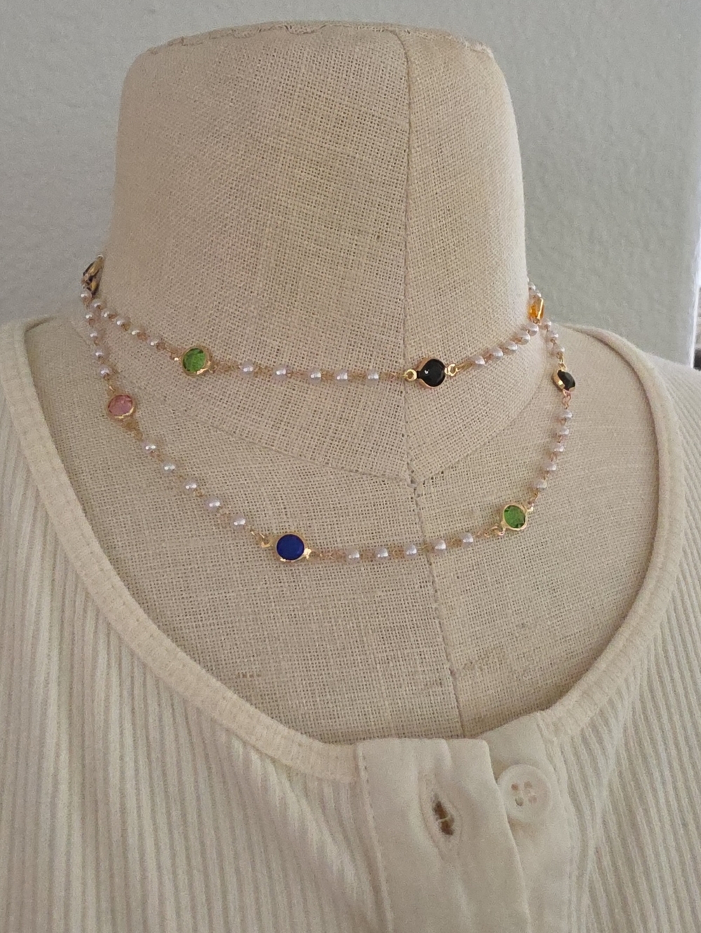 Multi-Gemstone Pearl Station Necklace - Pink, Green, Blue, Black Accents